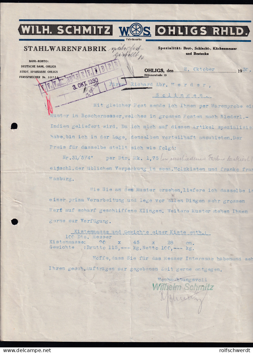 Firmenrechnung "Wilh. Schmitz, Ohligs" Stahlwarenfabrik, 1930, Aktenlochung - Otros & Sin Clasificación