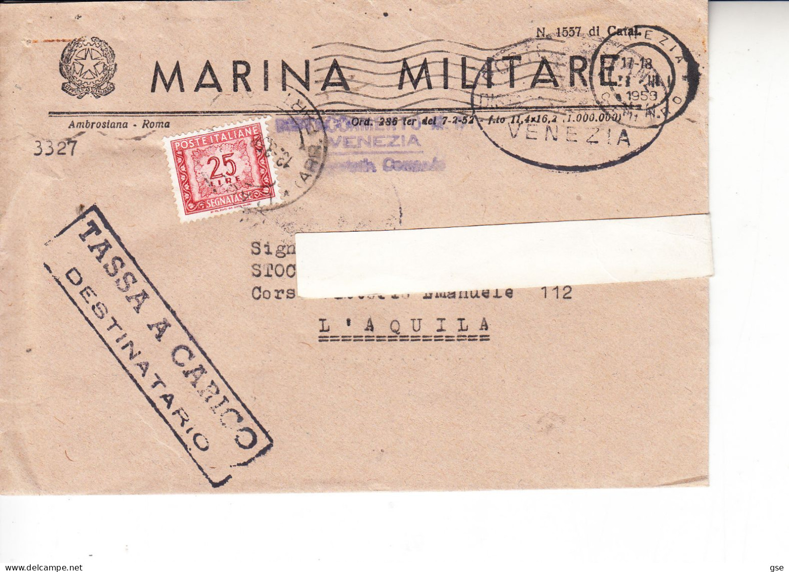 ITALIA  1958 - Marina Militare - Lettera Con Tassa A Carico - 1946-60: Marcophilie