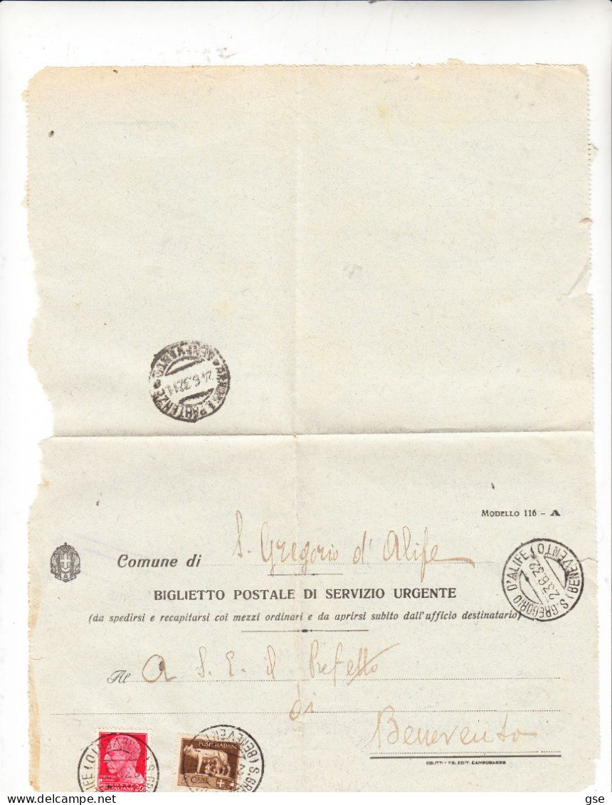 ITALIA  1932 - Biglietto Postale Da  S.Gregorio D'Alife A Benevento - Storia Postale