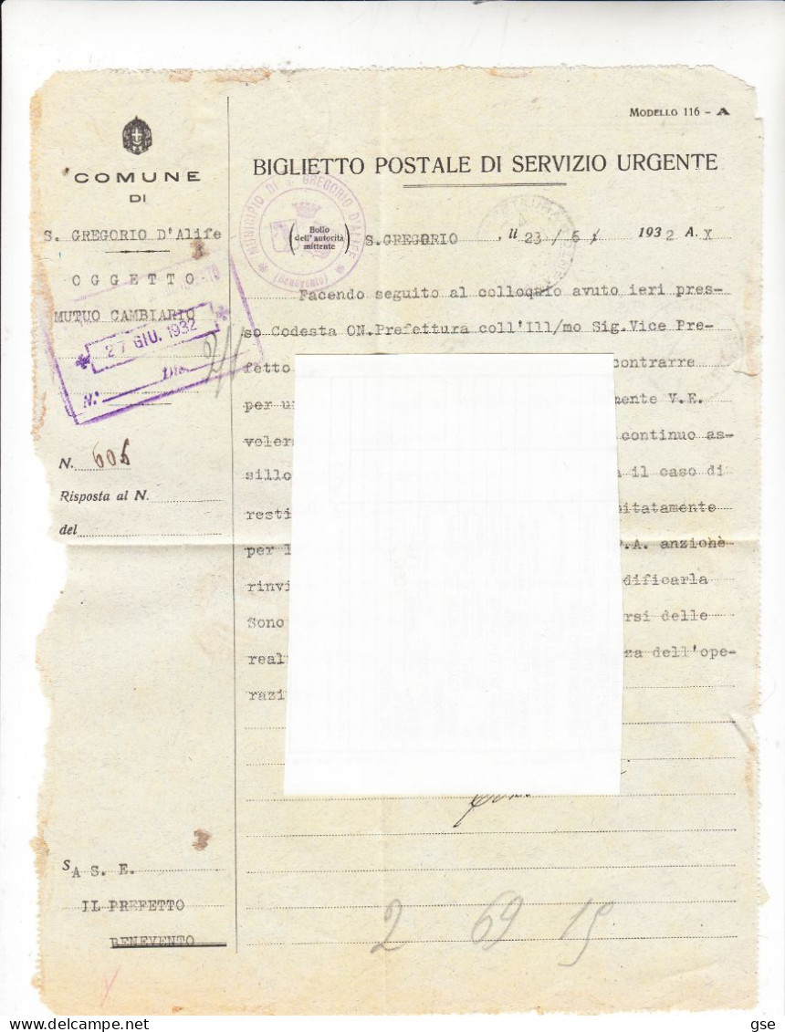 ITALIA  1932 - Biglietto Postale Da  S.Gregorio D'Alife A Benevento - Poststempel