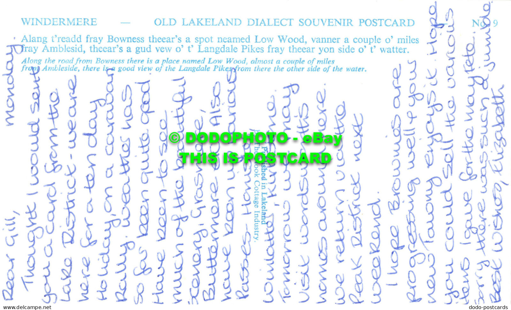 R535501 Windermere. Old Lakeland Dialect Souvenir Postcard. The Nook Cottage Ind - Wereld