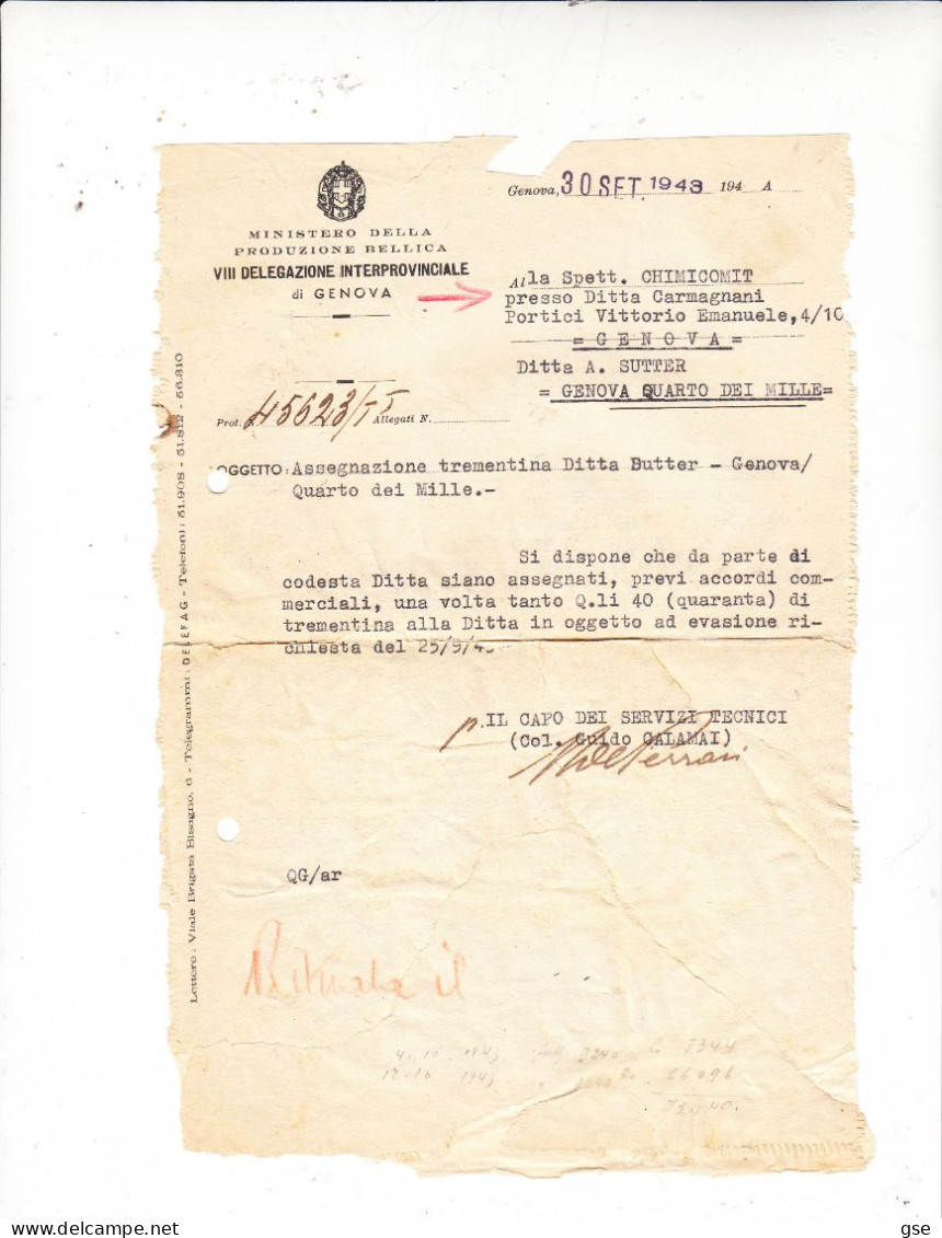 ITALIA  1943 - MINISTERO DELLA PRODUZIONE BELLICA - Gniova - Tassa A Carico - Marcophilie