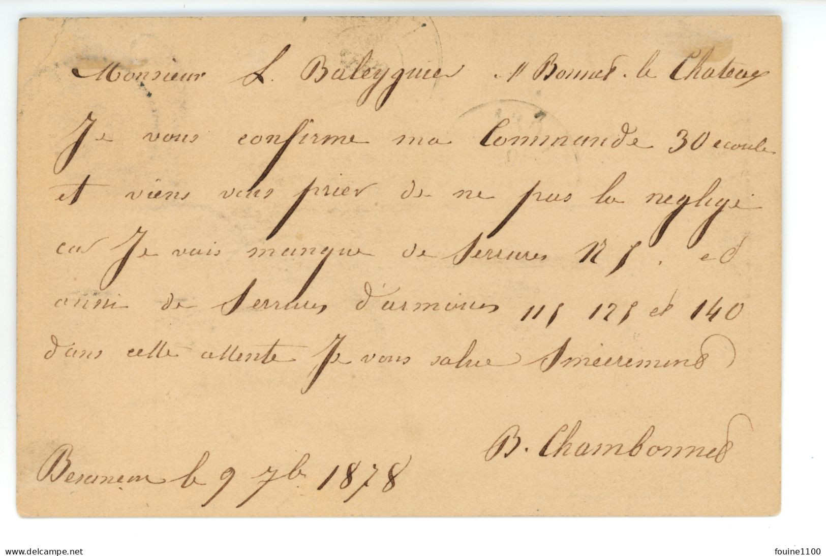 CARTE PRECURSEUR Pour BALEYGUIER Fabrique De Serrures à SAINT BONNET LE CHATEAU LOIRE 42 De CHAMBONNET à BESANCON - 1877-1920: Semi-moderne Periode