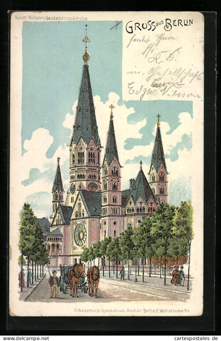 Lithographie Berlin-Charlottenburg, Kaiser Wilhelm-Gedächtniskirche Mit Kutsche  - Charlottenburg