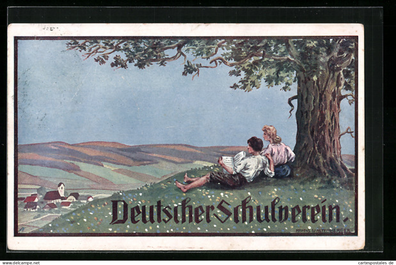 AK Deutscher Schulverein: Junges Paar Unter Einem Baum Mit Blick Auf Das Dorf  - Oorlog 1914-18