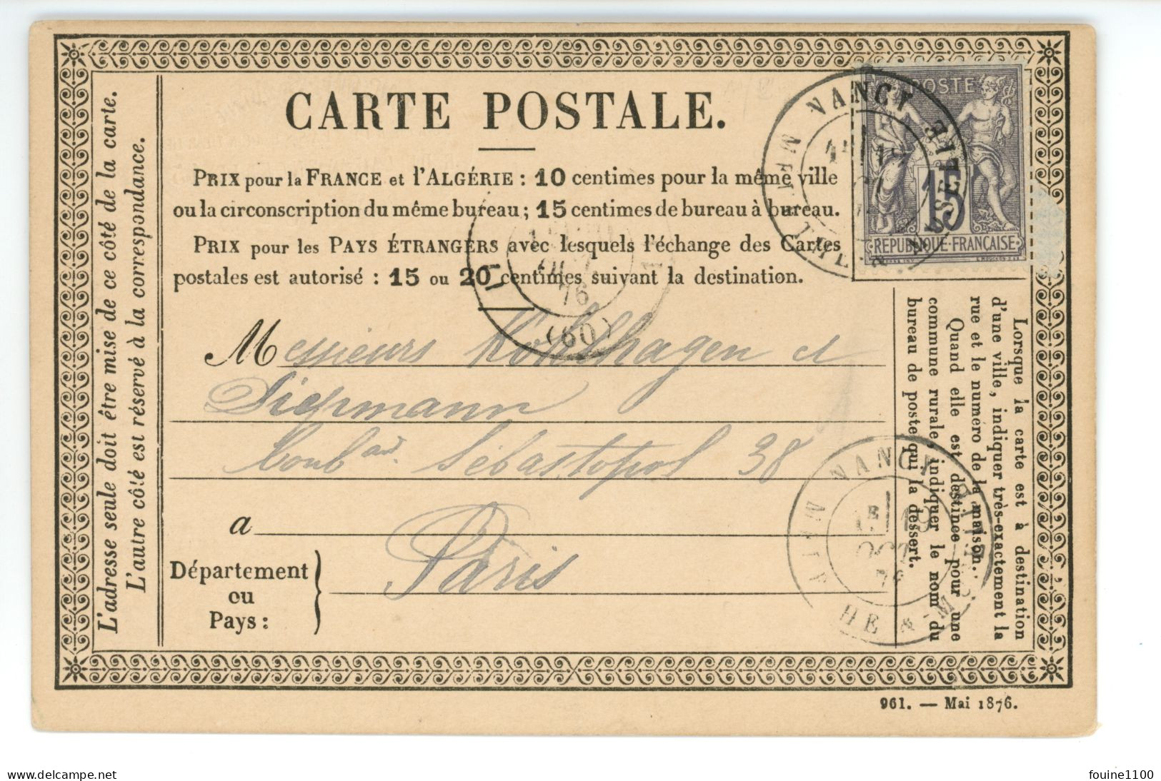 CARTE PRECURSEUR Avec Tampon à Sec De JACQUES Ainé Mercerie Passementerie 15 Rue De La Fayencerie à NANCY Année 1876 - 1849-1876: Classic Period