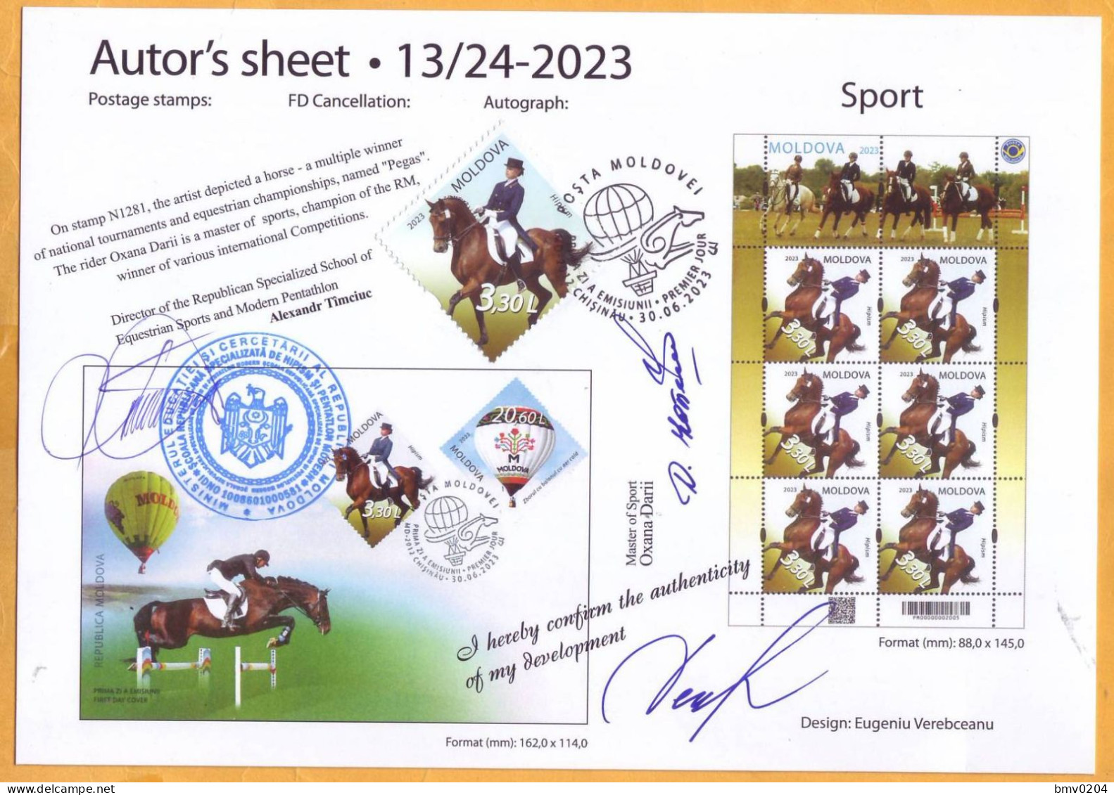 2023 Moldova "Equestrian Sport", Author's Sheet Of The Artist Eugeniu Verebceanu. Equestrian School Chisinau - Reitsport