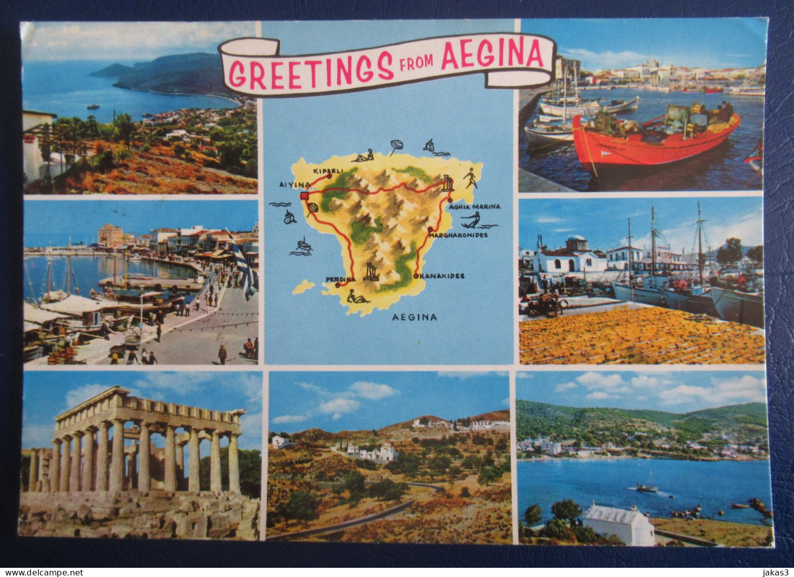 CPM CARTE POSTALE  CARTE GÉOGRAPHIQUE DE L ILE D AEGINE ( GRECE)  ET MULTI-VUES - Cartes Géographiques