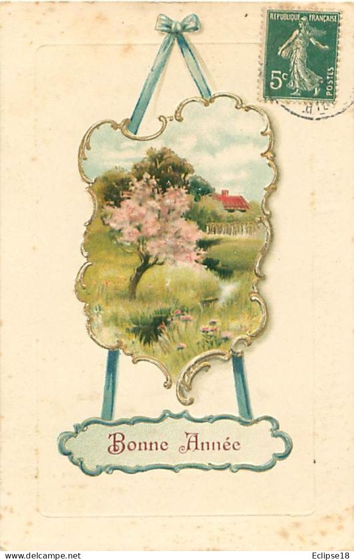 Carte Gaufrée - Bonne Année - Fleurs Paysage Dans Un Carde  Q 2567 - Neujahr