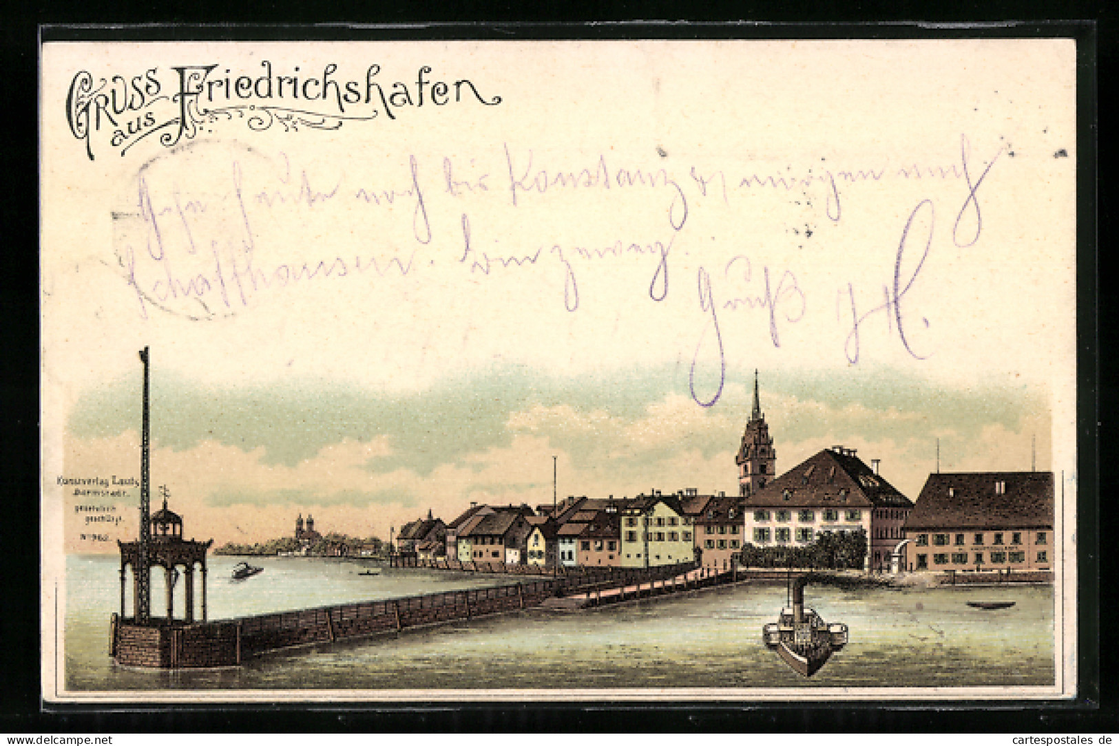 Lithographie Friedrichshafen, Teilansicht Mit Dampfer  - Friedrichshafen