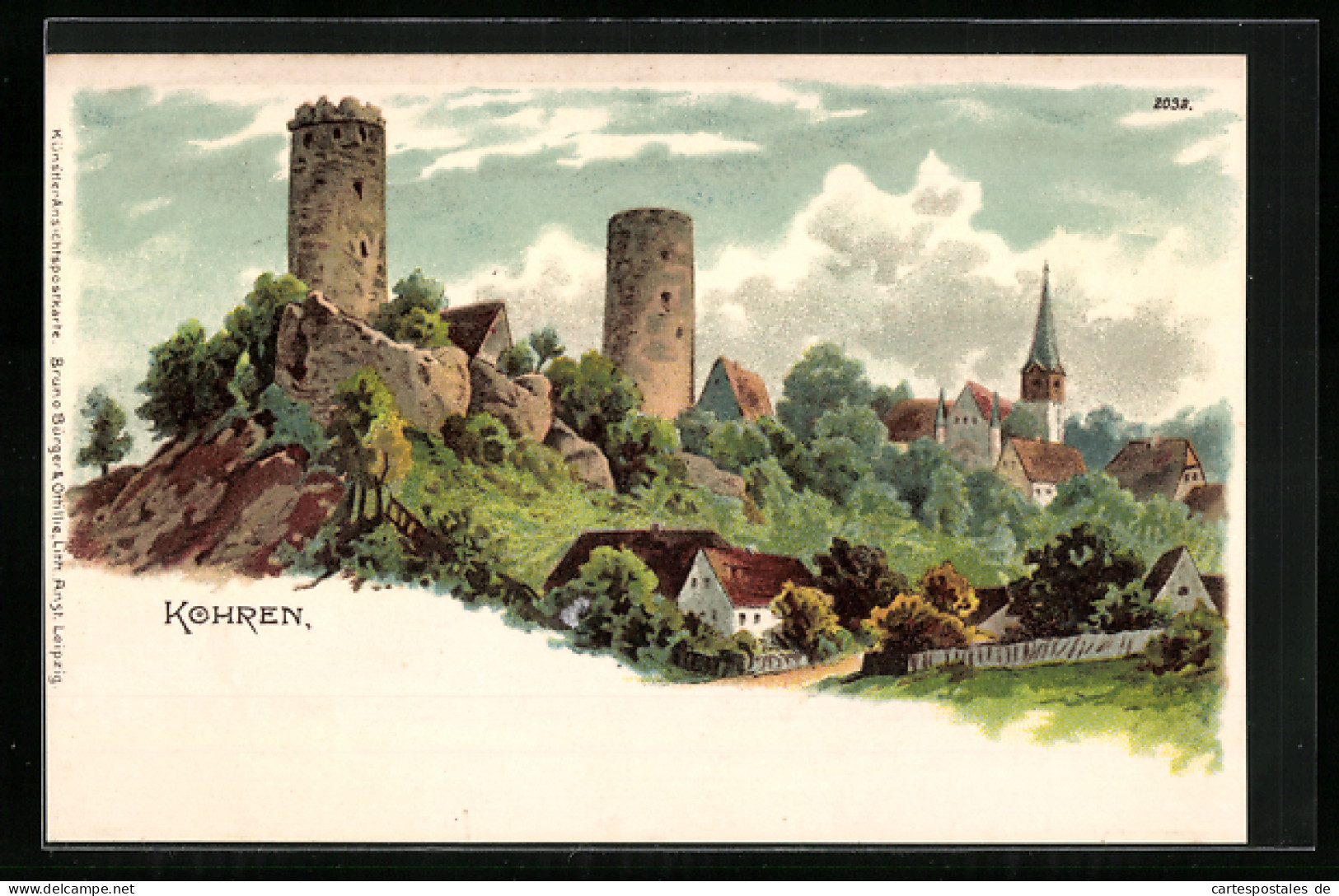 Lithographie Kohren, Burgruinen über Stadt  - Sonstige & Ohne Zuordnung