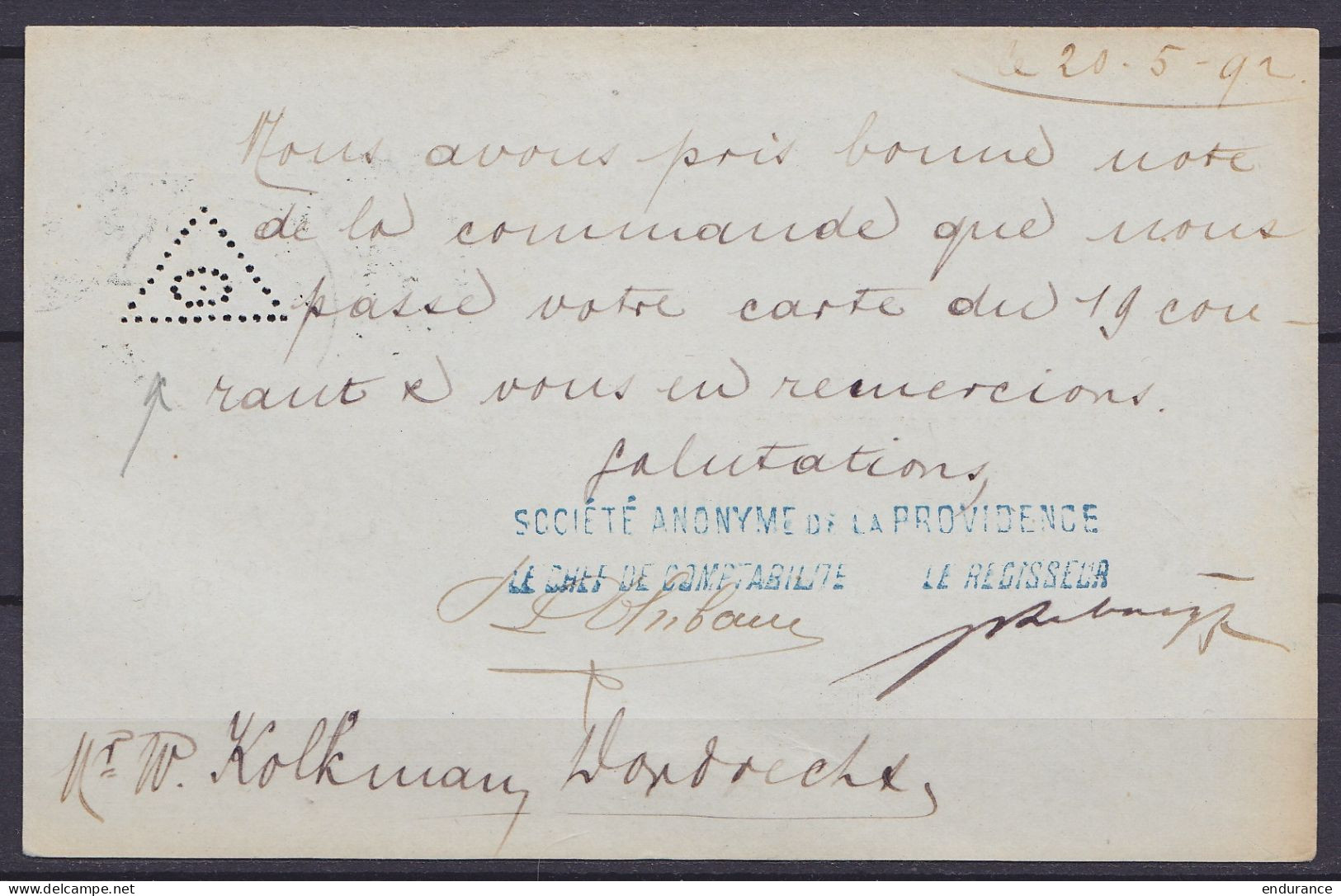 EP CP 10c Rouge (N°46) Perforé Thème Maçonnique Càd MARCHIENNE-AU-PONT /20 MAI 1892 Pour DOORDRECHT (Pays-Bas) - Postkarten 1871-1909