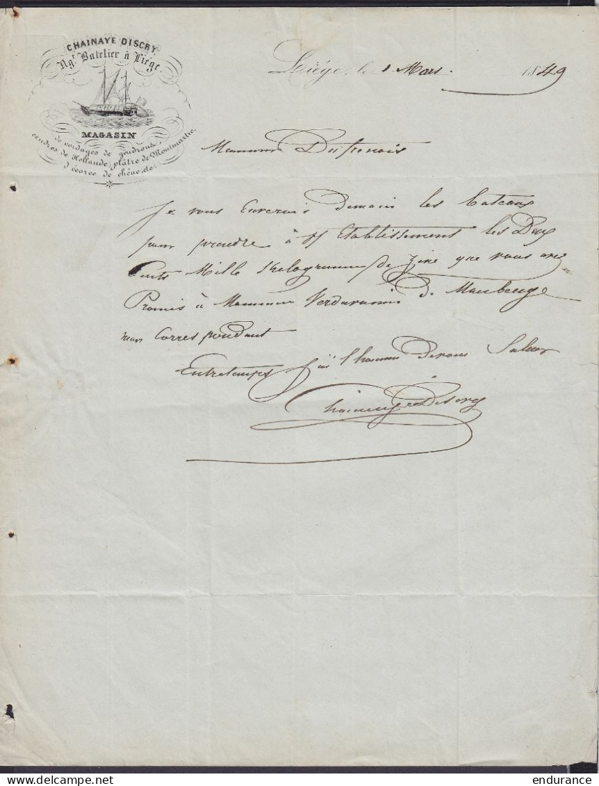 L. Bâtelier Chainaye Discry Datée 1e Mars 1849 Càd LIEGE /2 MARS 49 Pour HUY - Port "2" (au Dos: Càd HUY) - 1830-1849 (Unabhängiges Belgien)