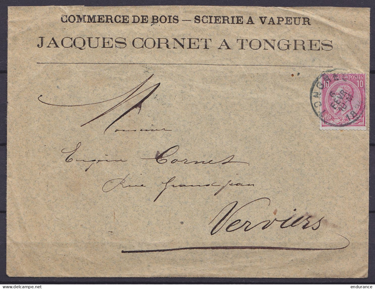 L. Commerce De Bois/scierie Cornet Affr. N°46 Càd TONGRES /6 FEVR 1894 Pour VERVIERS (au Dos: Càd VERVIERS (STATION)) - 1884-1891 Leopold II