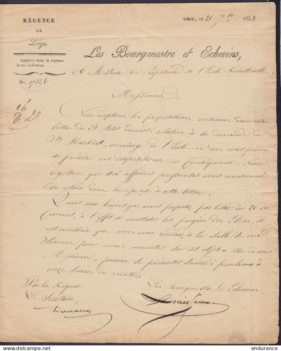 L. Datée 25 Septembre 1833 Du Bourgmestre De LIEGE Pour Professeurs De L'Ecole Industrielle E/V - 1830-1849 (Belgio Indipendente)