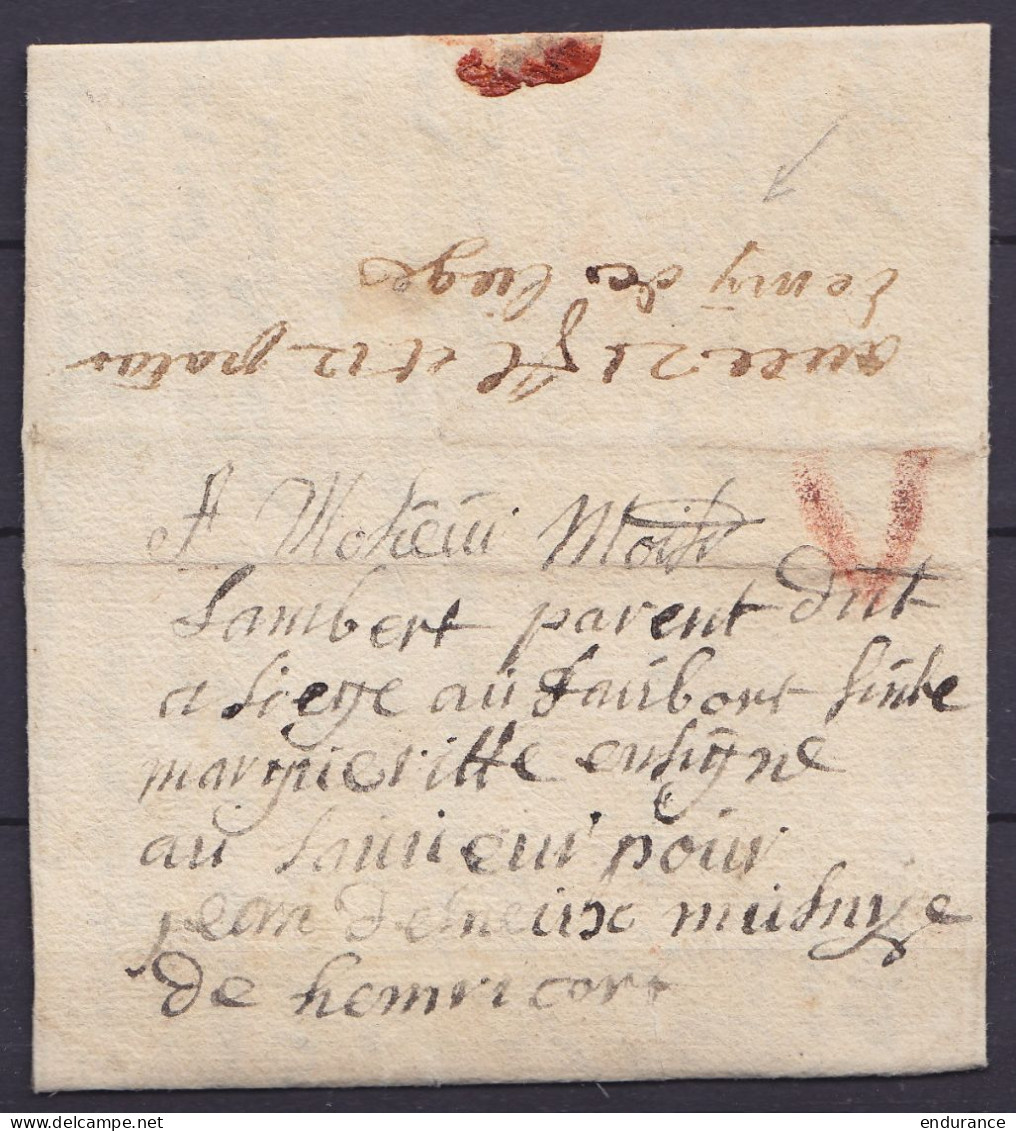 L. Par Messager De THUIN Datée 17 Février 1729 Pour HEMRICOURT - Marque "V" (port ?) à La Craie Rouge (au Dos: Note "ave - 1815-1830 (Periodo Holandes)