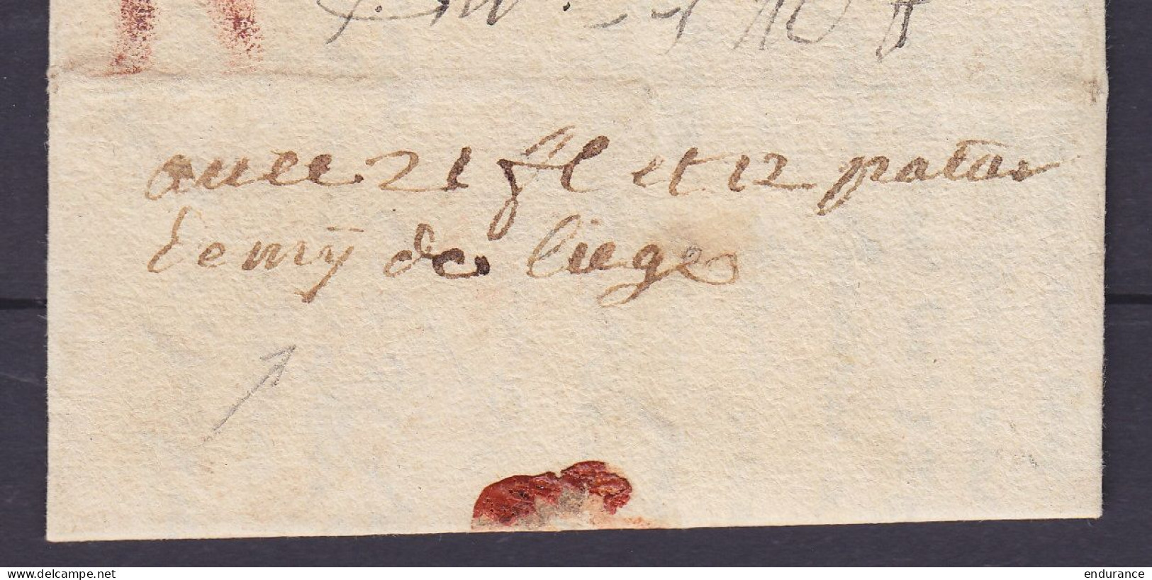 L. Par Messager De THUIN Datée 17 Février 1729 Pour HEMRICOURT - Marque "V" (port ?) à La Craie Rouge (au Dos: Note "ave - 1815-1830 (Dutch Period)