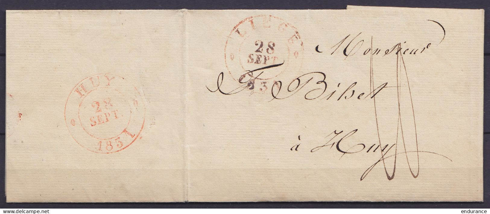 L. Datée 27 Septembre 1831 Càd LIEGE /28 SEPT 1831 Pour HUY - Port "10" (au Dos: Càd Arrivée HUY) - 1830-1849 (Independent Belgium)