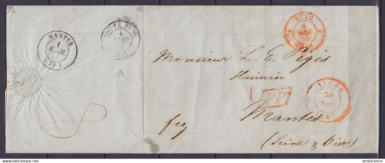 L. Datée 29 Mars 1849 Càd LIEGE /30 MARS 1849 Pour MANTES - [PP] Càd "BELG.3 / VALnes."  (au Dos: Càd Ambulant "ROUTE N° - 1830-1849 (Belgique Indépendante)