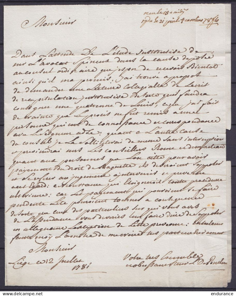 L. Datée 12 Juillet 1781 De LIEGE Pour Notaire à METTEZ - Par Messager : Voir Note Au Dos "par Devillers Messager / Et U - 1714-1794 (Paesi Bassi Austriaci)