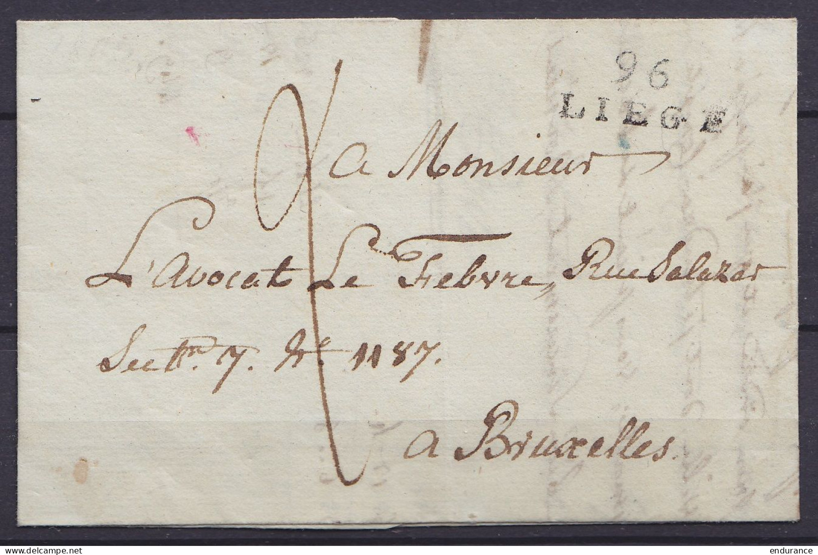 L. Datée 7 Messidor An 13 (1805) De LIEGE Pour Avocat à BRUXELLES - Griffe "96 / LIEGE" - Port "2" - 1794-1814 (Periodo Frances)