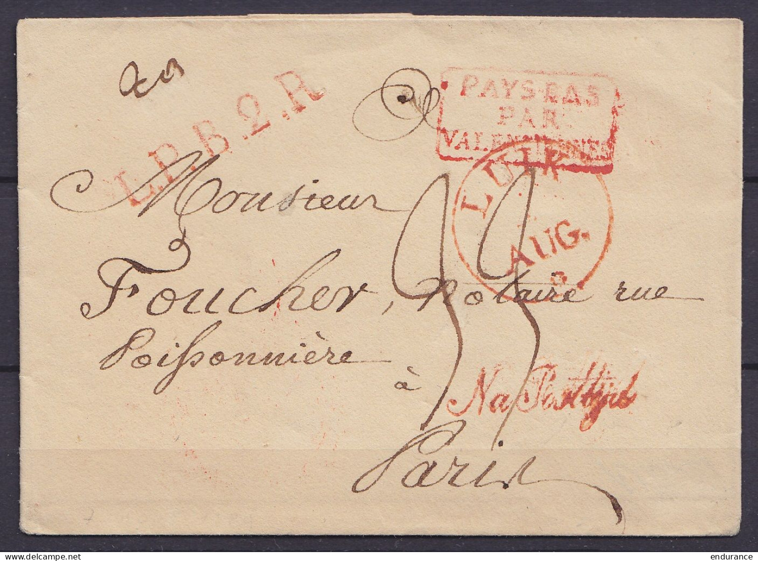 LSC (sans Texte) Càd LUIK /4 AUG Pour PARIS - Griffes "Na Posttijd" & "L.P.B.2.R" [PAYS-BAS PAR VALENCIENNES] - Port "33 - 1815-1830 (Periodo Holandes)