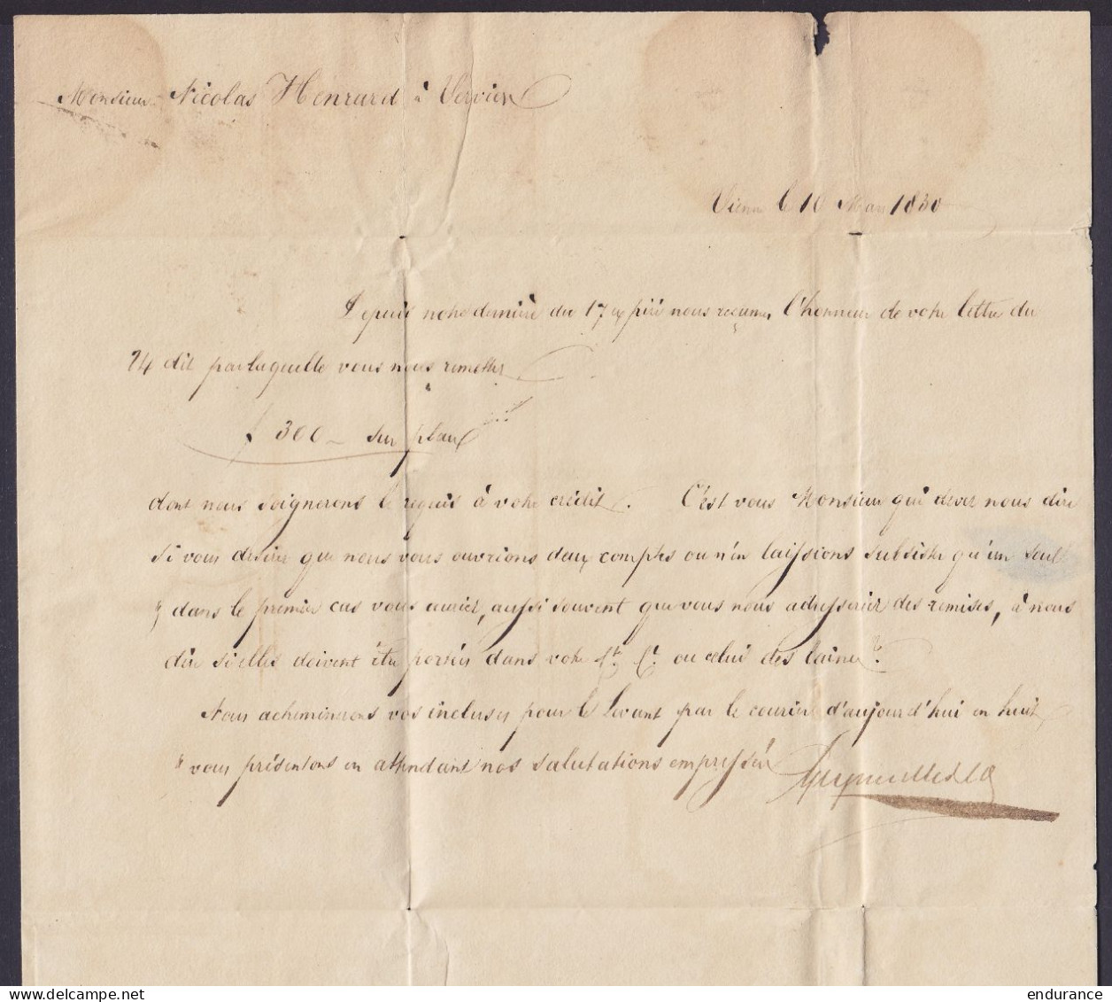 L. Datée 10 Mars 1830 De VIENNE Pour VERVIERS - Griffe "WIEN" - Ports Divers (au Dos: Cursive "Duitschland / Over Vervie - 1815-1830 (Hollandse Tijd)