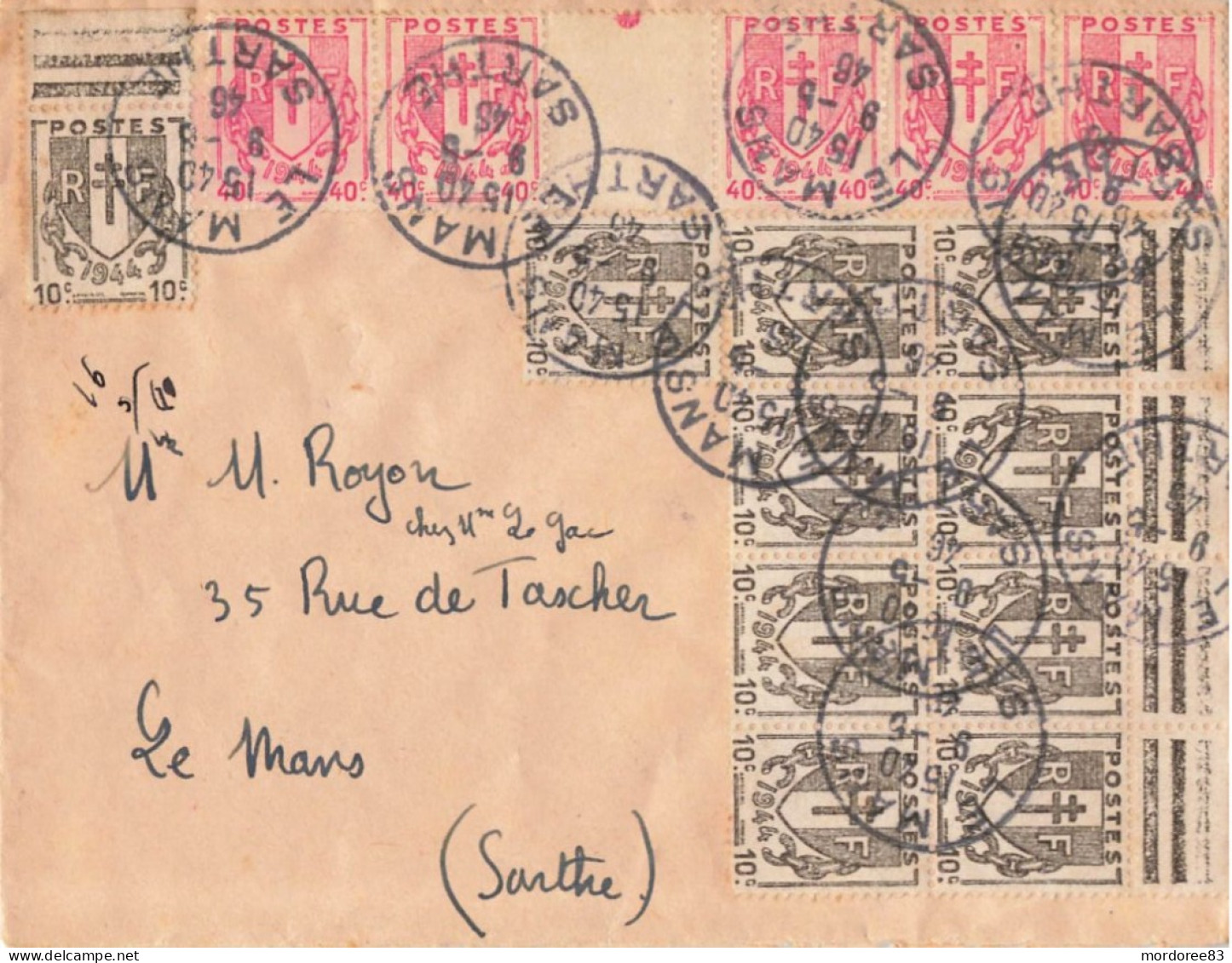 CHAINES BRISEES X 15 SUR LETTRE AU TARIF 1ER ECHELON (3f) LE MANS SARTHE 9/6/1946 - 1921-1960: Modern Tijdperk