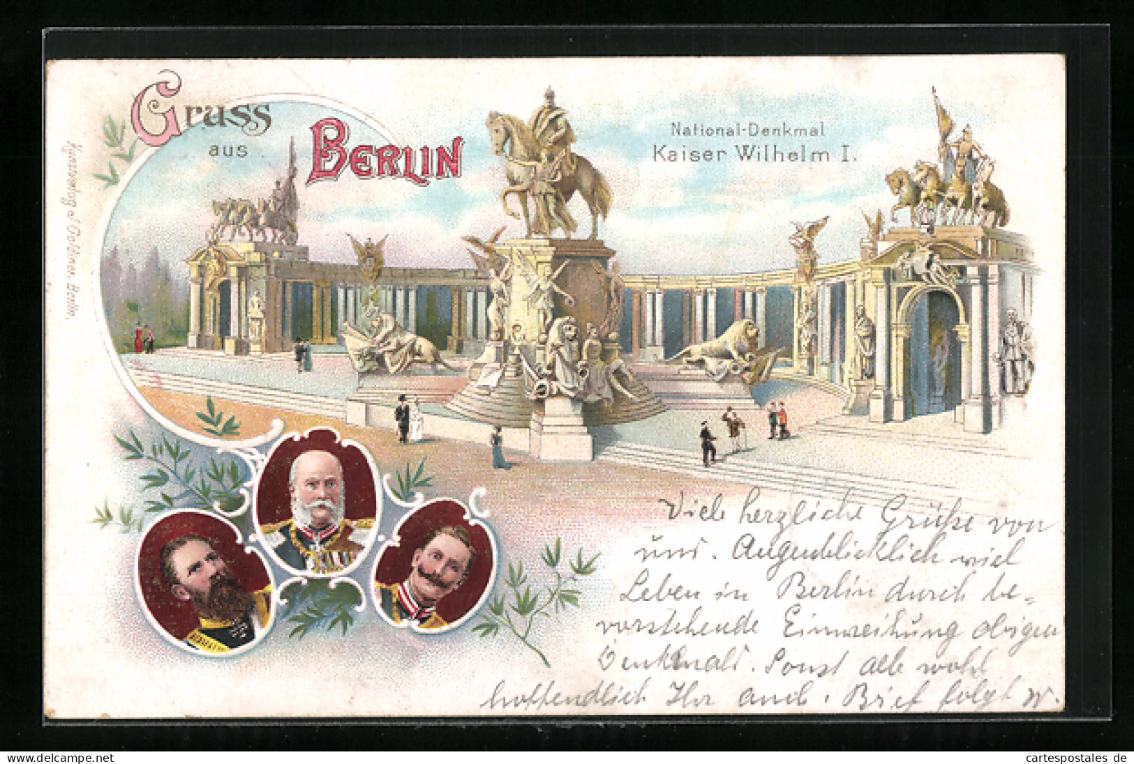 Lithographie Berlin, Denkmal Kaiser Wilhelm I., Bildnis Friedrich Wilhelm III. Von Preussen  - Familles Royales