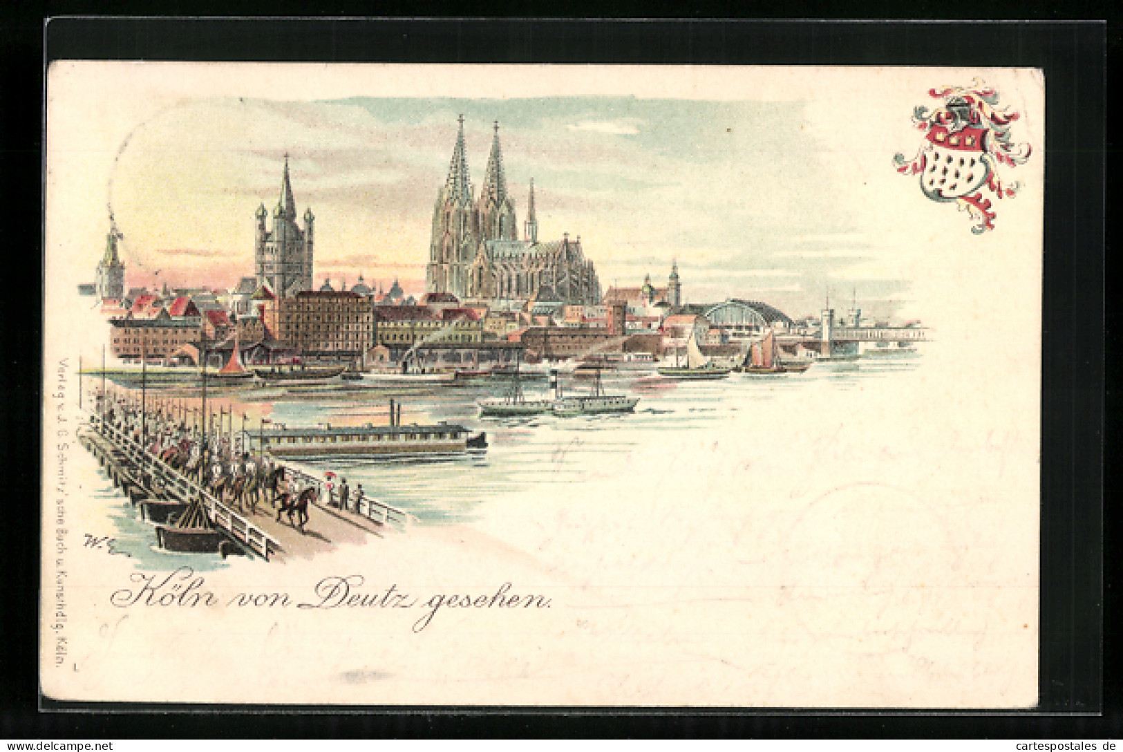 Lithographie Köln-Deutz, Stadtansicht Mit Dom, Stadtwappen  - Köln