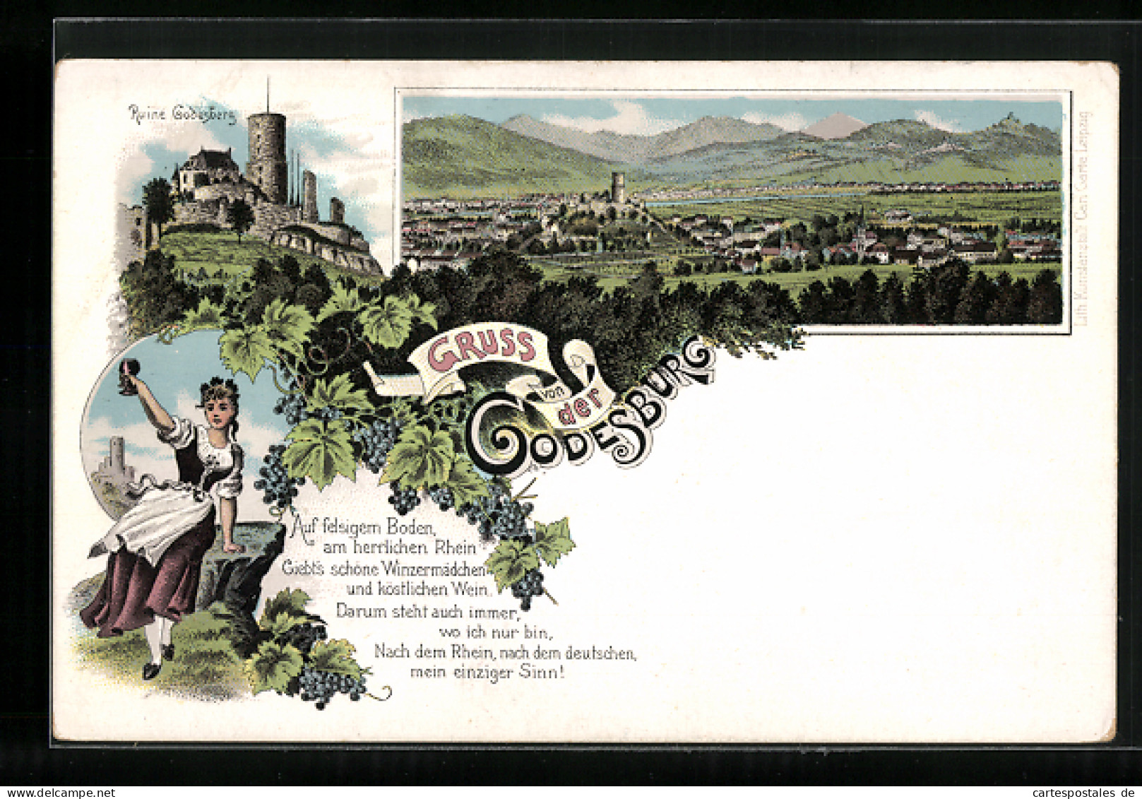 Lithographie Bad Godesberg, Ortsansicht, Ruine Godesberg, Trachtenmädchen  - Autres & Non Classés