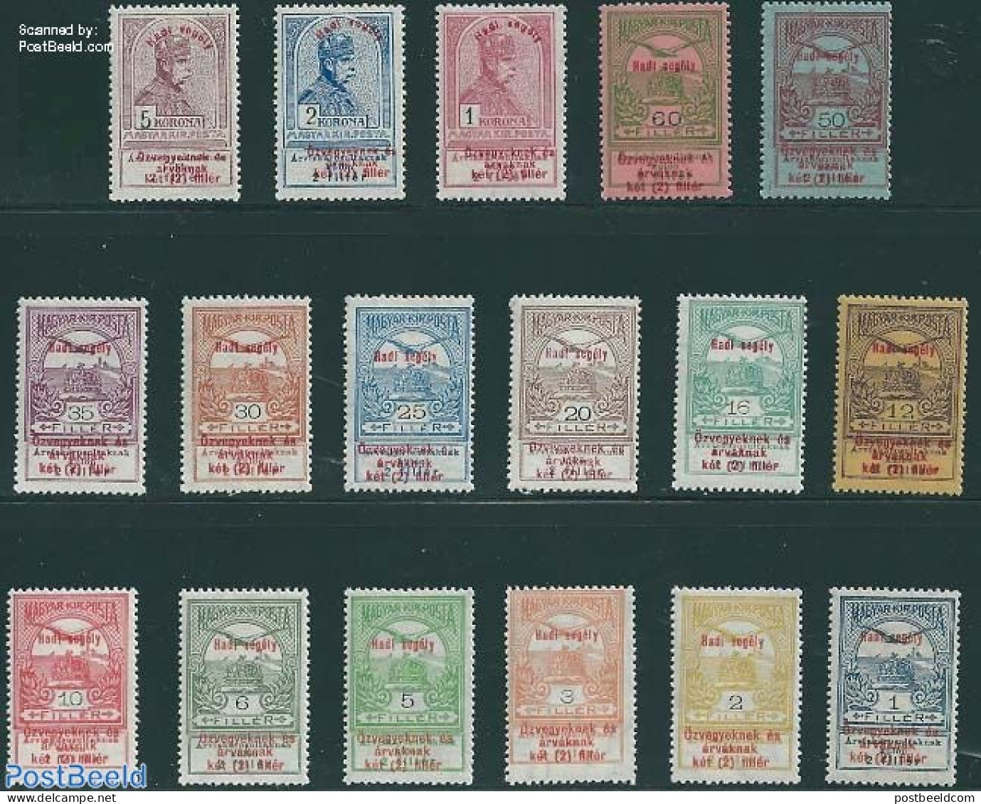 Hungary 1914 War Aid 17v, Unused (hinged), History - Nature - Kings & Queens (Royalty) - Birds - World War I - Unused Stamps