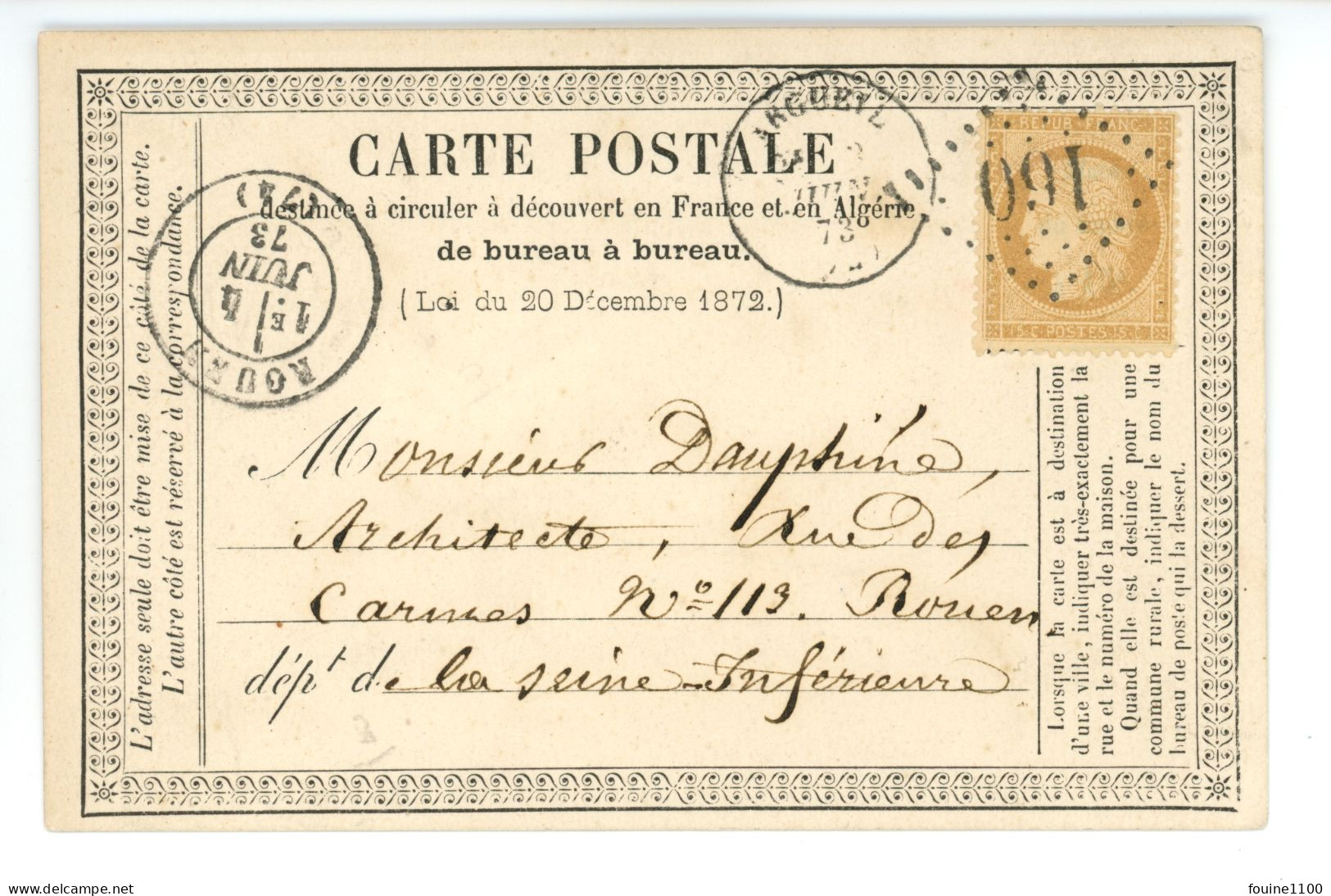 CARTE POSTAL PRECURSEUR Invitation Du Curé Barré D' ARGUEIL 76 Pour Architecte DAUPHINE Rue Des Carmes à ROUEN An 1873 - 1849-1876: Klassik