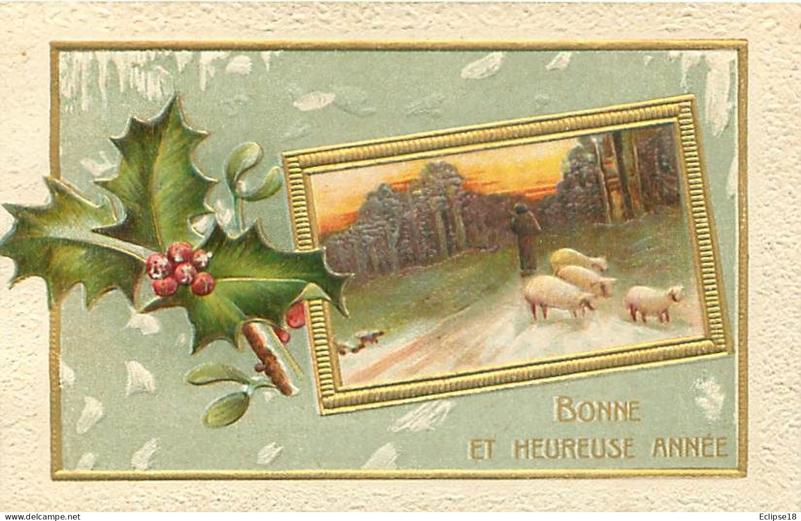 Carte Gaufrée - Bonne Année - Paysage Moutons Houx    Q 2571 - New Year