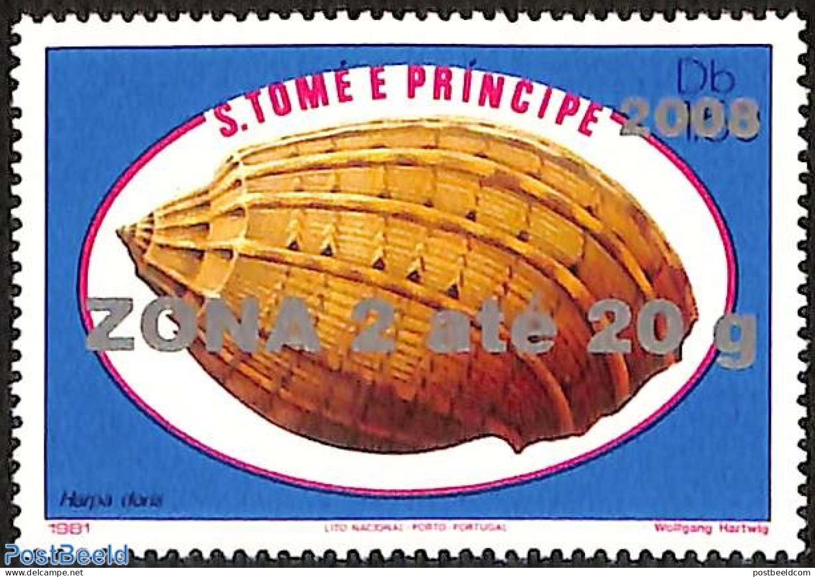 Sao Tome/Principe 2008 Harpa Doris Shell, Overprint, Mint NH, Nature - Shells & Crustaceans - Meereswelt