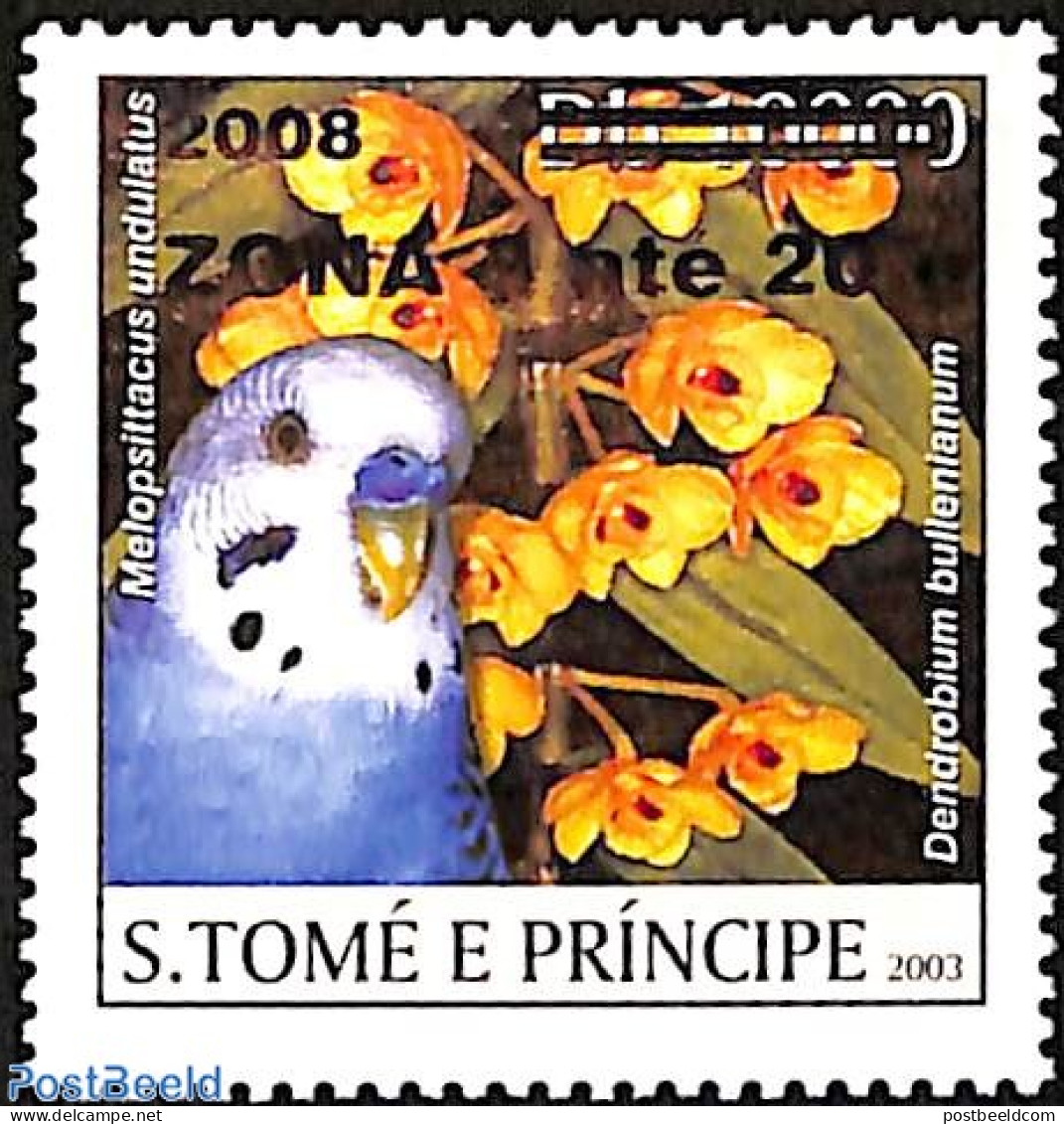 Sao Tome/Principe 2008 Melopsittacus Undulatus, Parakeet, Overprint, Mint NH, Nature - Birds - Flowers & Plants - Sao Tome En Principe