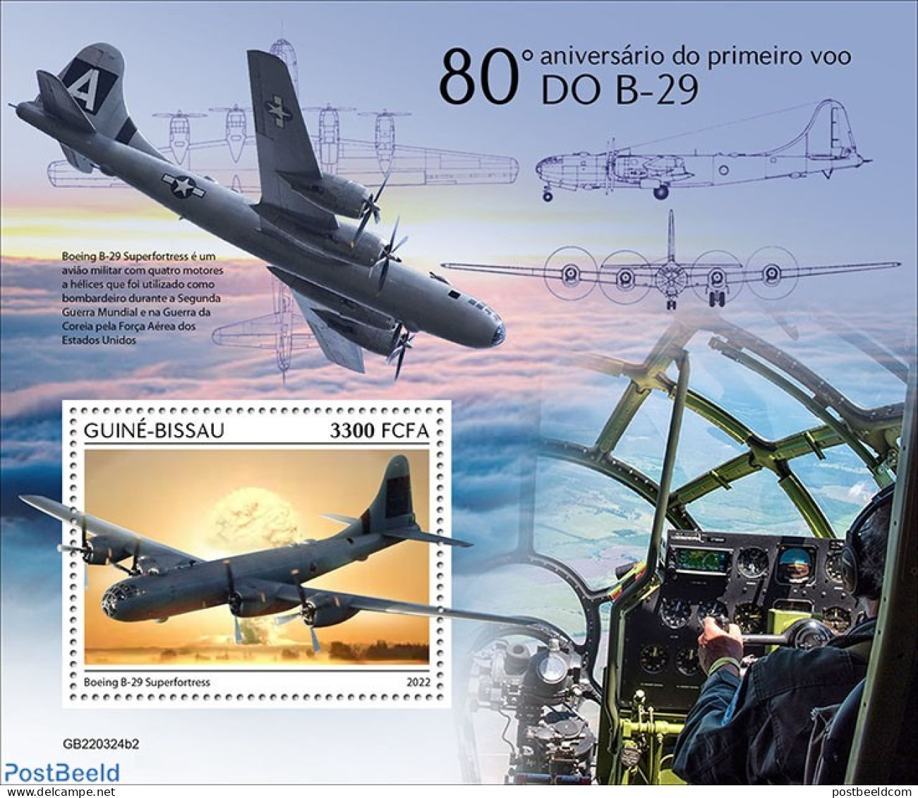 Guinea Bissau 2022 80th Anniversary Of The B-29 First Flight , Mint NH, History - Transport - World War II - Aircraft .. - 2. Weltkrieg