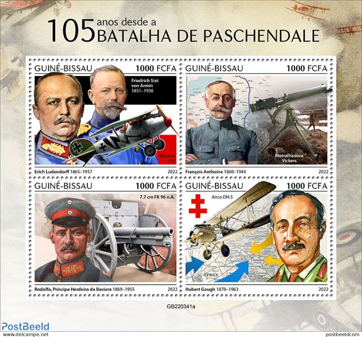 Guinea Bissau 2022 105 Years Since The Battle Of Passchendaele, Mint NH, History - Transport - Various - Militarism - .. - Militares