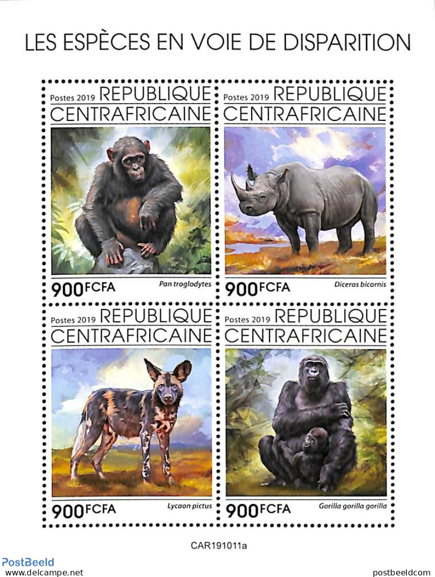 Central Africa 2019 Endangered Animals 4v M/s, Mint NH, Nature - Animals (others & Mixed) - Monkeys - Rhinoceros - Centraal-Afrikaanse Republiek