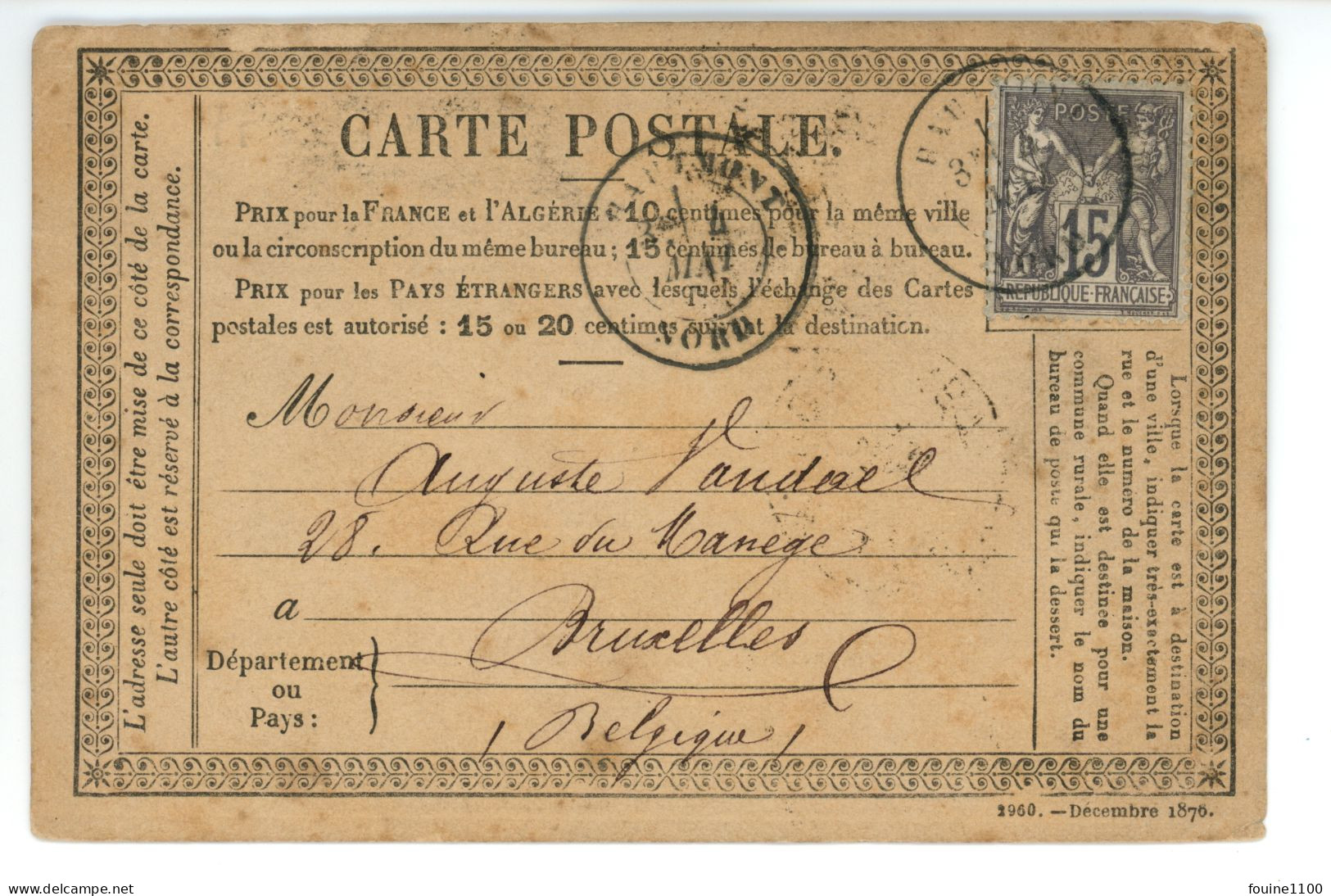 CARTE PRECURSEUR Envoi De Mauger D' HAUTMONT 59 Nord à Auguste VANDAEL 28 Rue Du Manège à BRUXELLES BELGIQUE 1877 - 1877-1920: Période Semi Moderne