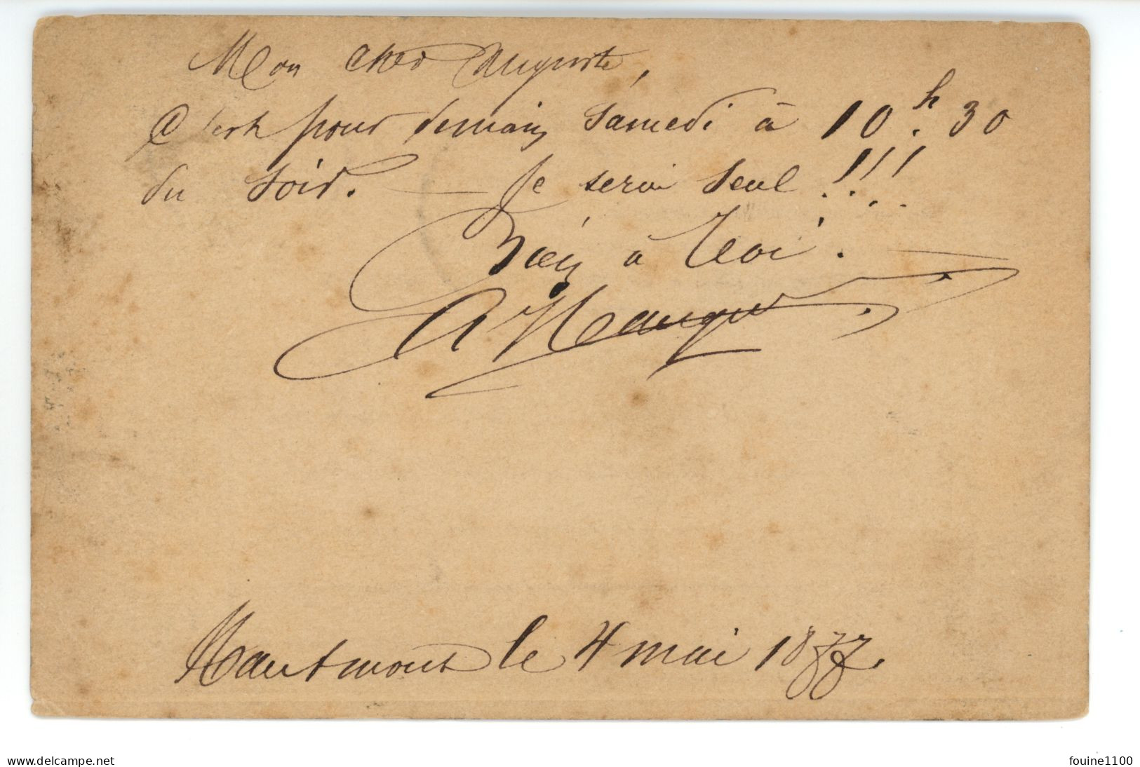 CARTE PRECURSEUR Envoi De Mauger D' HAUTMONT 59 Nord à Auguste VANDAEL 28 Rue Du Manège à BRUXELLES BELGIQUE 1877 - 1877-1920: Semi Modern Period