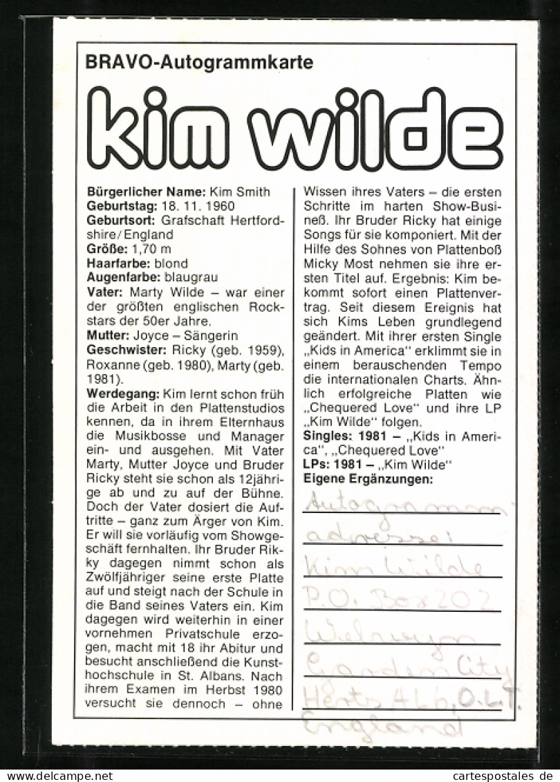 AK Portrait Der Sängerin Kim Wilde  - Muziek En Musicus