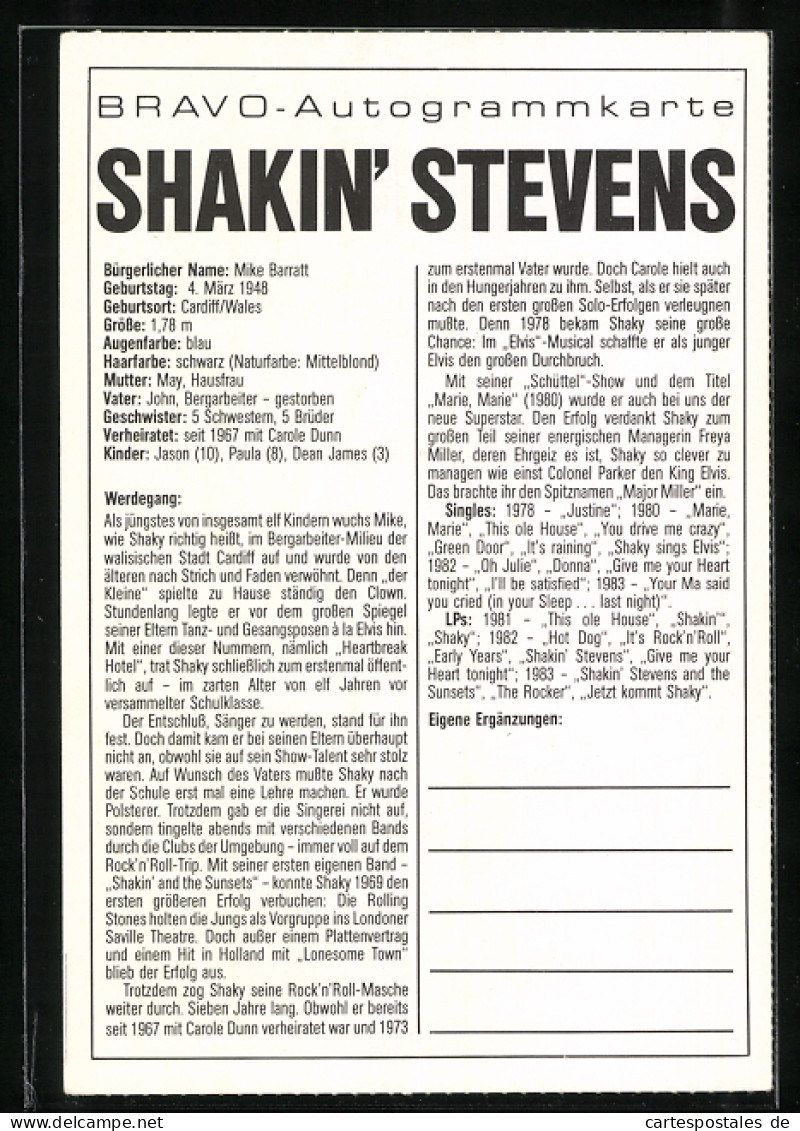 AK Musiker Shakin` Stevens, Porträt  - Música Y Músicos