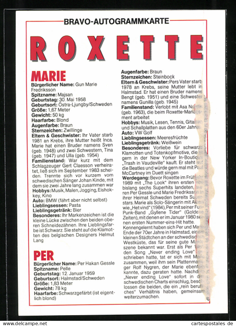 AK Musiker Der Band Roxette, Portrait  - Musique Et Musiciens