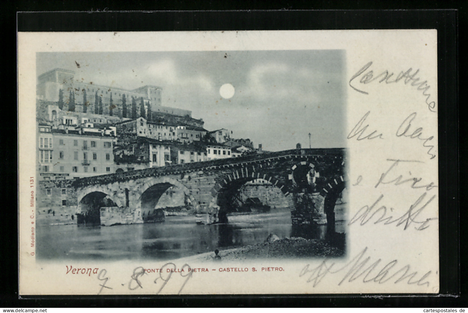 Lume Di Luna-Cartolina Verona, Ponte Della Pietra, Castello S. Pietro  - Verona