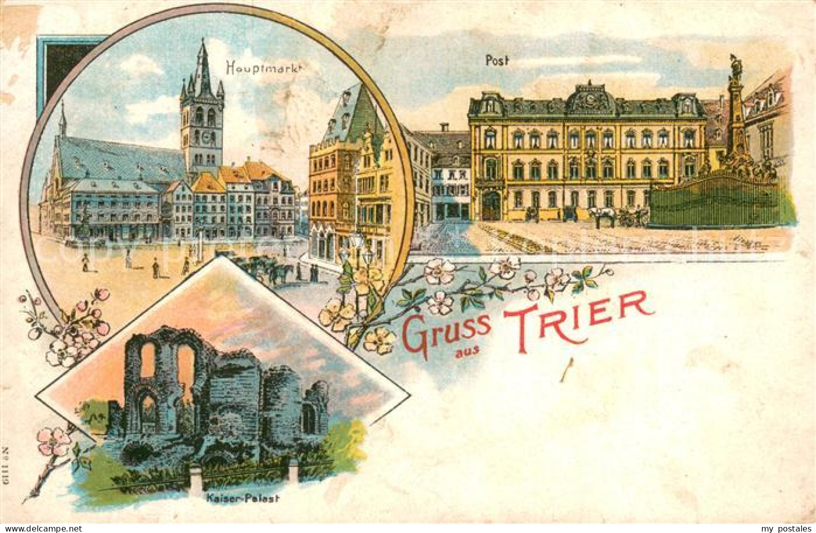 73779651 Trier Hauptmarkt Post Kaiserpalast Ruine Litho Trier - Trier