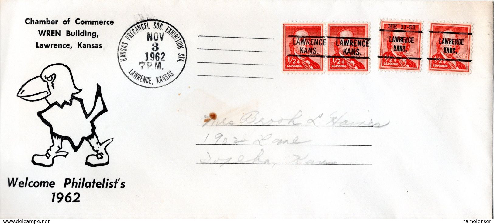 L77851 - USA - 1962 - 4@1/2¢ M Vorausentw LAWRENCE KANS A Bf SoStpl LAWRENCE, KANSAS - ... -> Topeka, KS (USA) - Briefe U. Dokumente