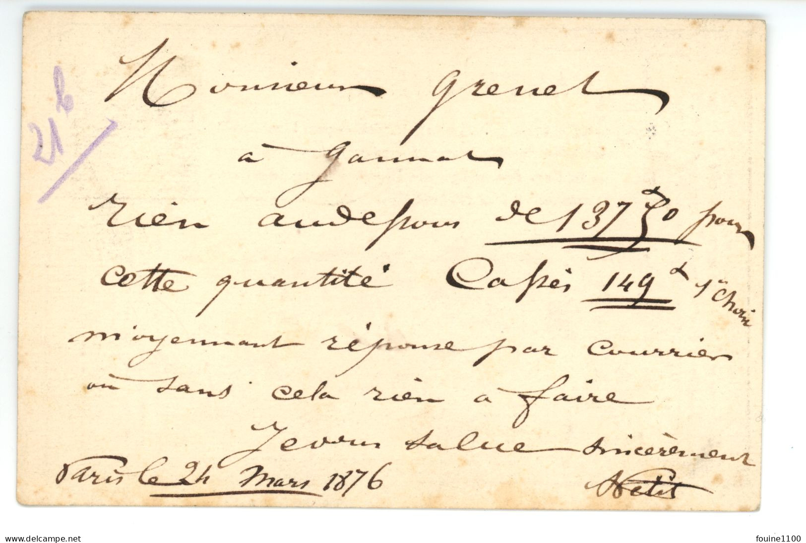 CARTE PRECURSEUR Pour GRENET Négociant à GANNAT 03 Allier De La Part De A. Petit 84 Rue De Rivoli à PARIS Année 1876 - 1849-1876: Klassik