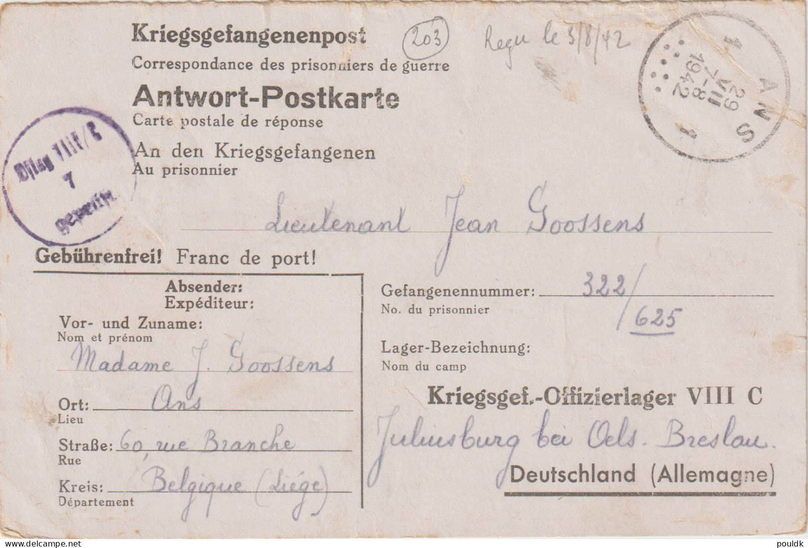 Prisoner Of War Reply Card From Belgium To Germany, Oflag VIII C In Juliusburg (now Dobroszyce, Polen), Posted Ans - Militares