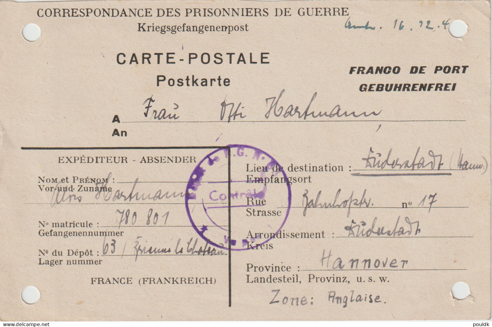 German Prisoner Of War Reply Card From France, PG Depot 63 Located Brienne Le Château (Aube) Signed 30.11.1946 - Militaria